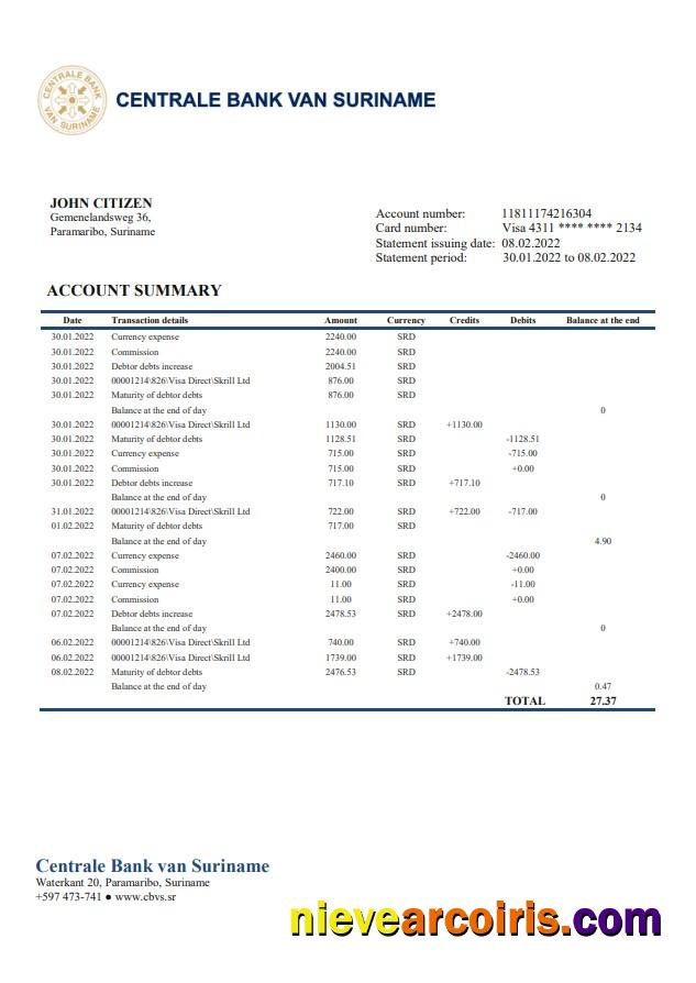 Suriname Centrale Bank Van Suriname bank statement in Word and PDF format